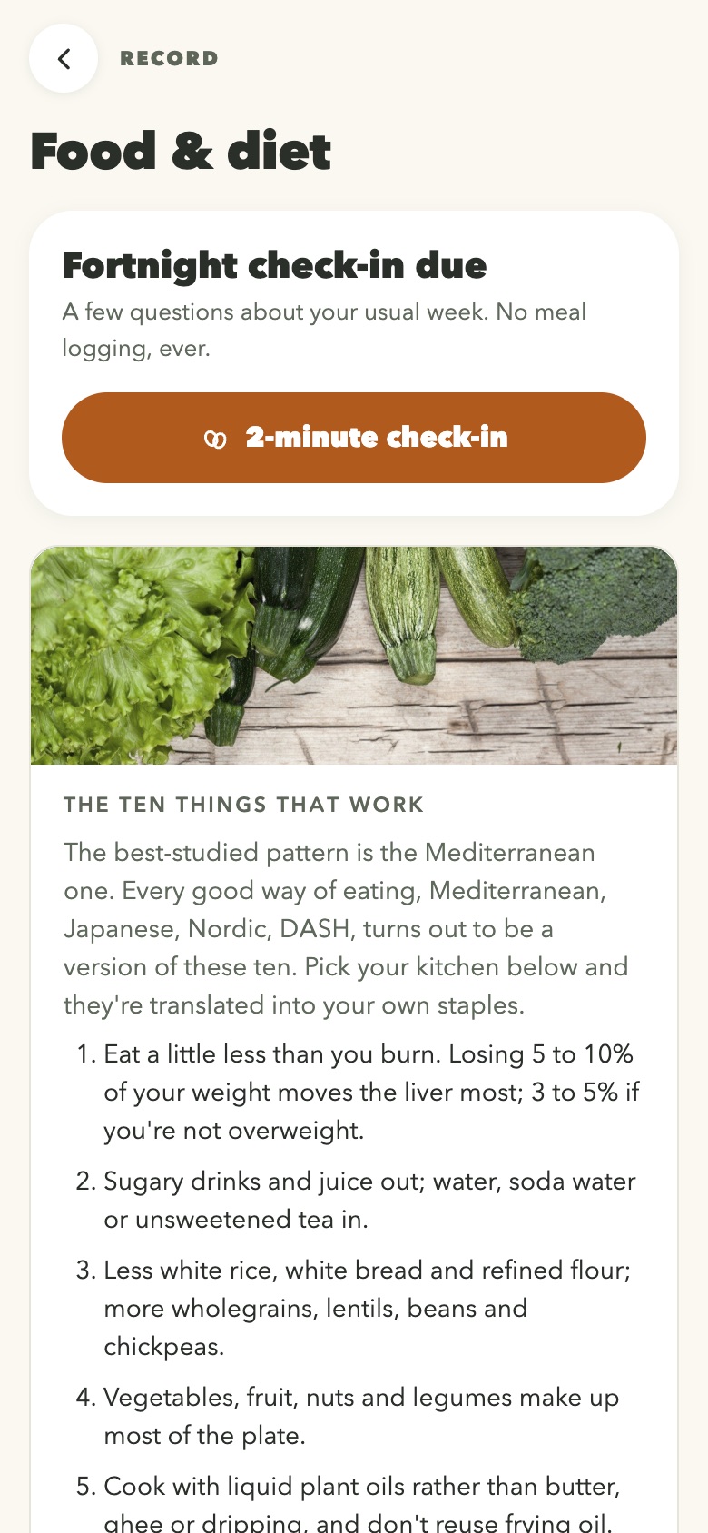 The Food and diet screen with the ten things that work