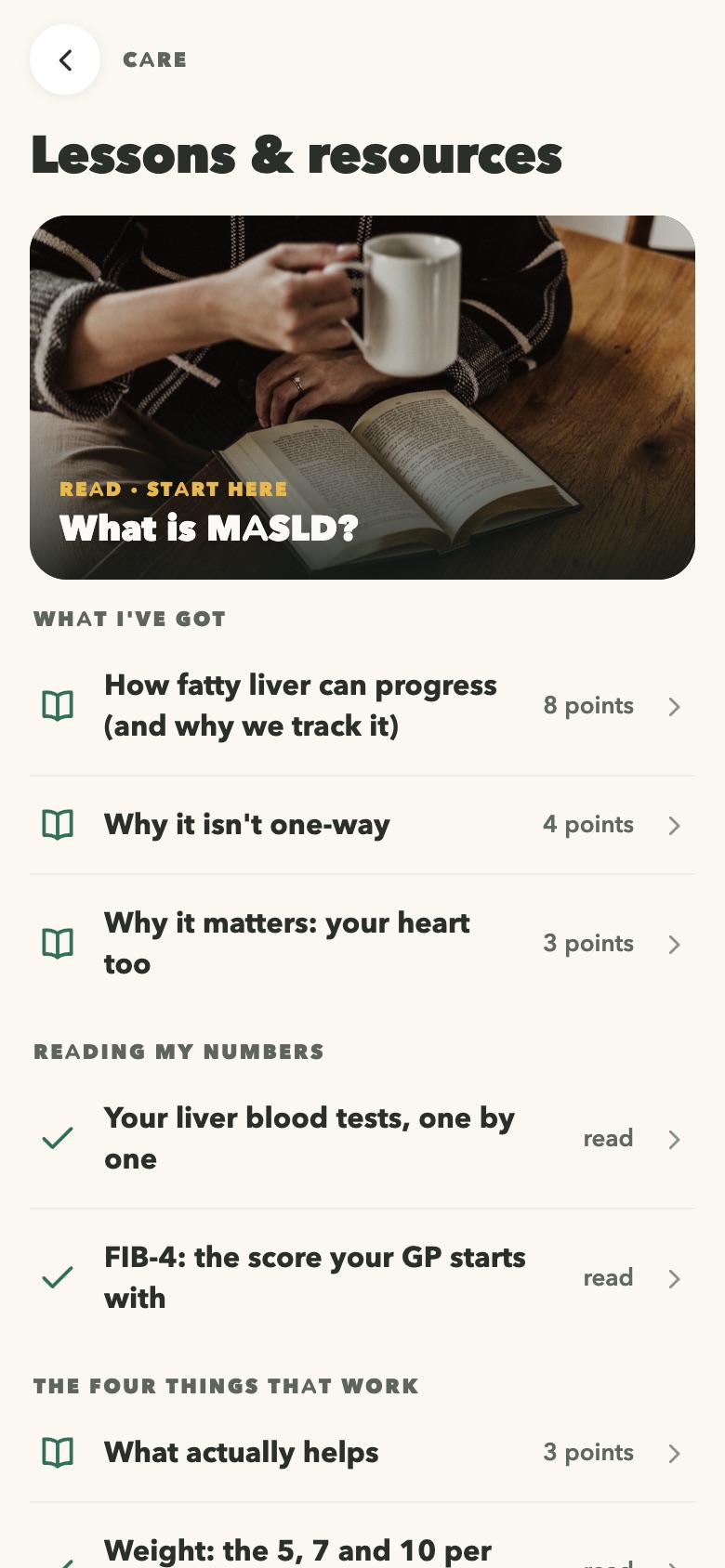 The Lessons and resources screen